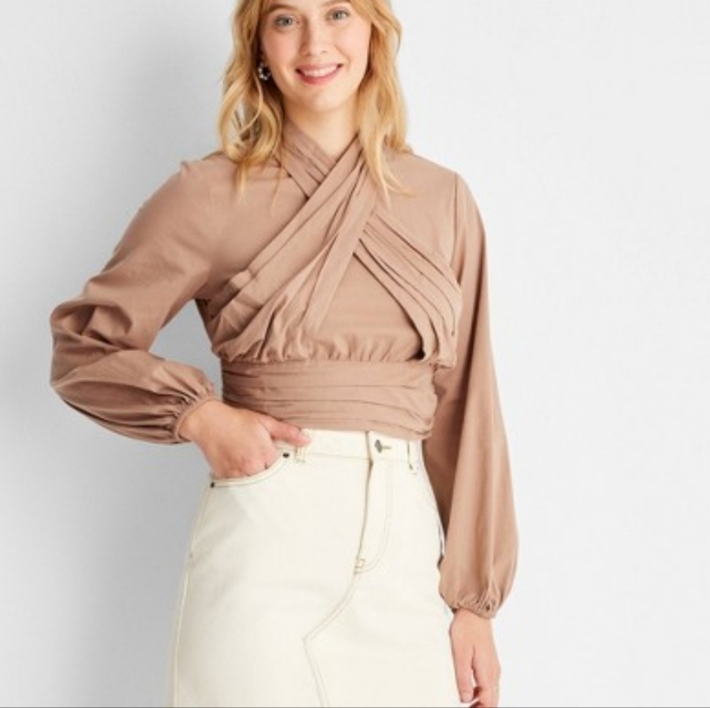 NWT Future Collective Reese Blutstein long sleeve cropped faux wrap top